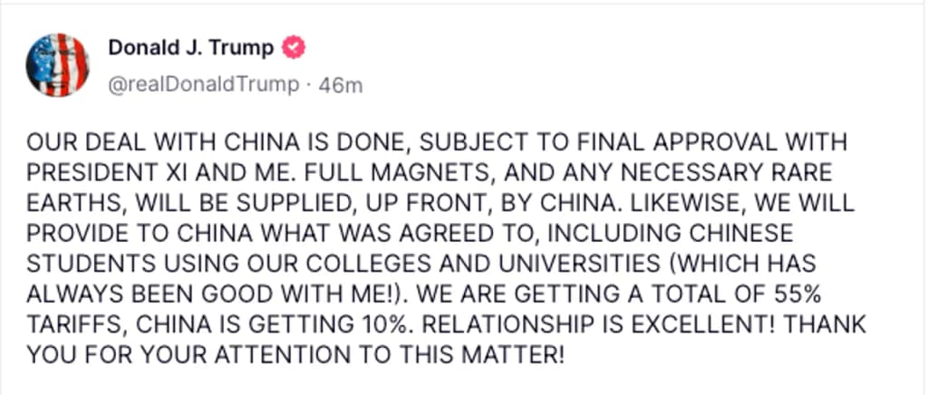 A Truth Social post from Donald Trump announcing a reversal of some tariffs against China, seen by analysts as Trump having “chickened out”