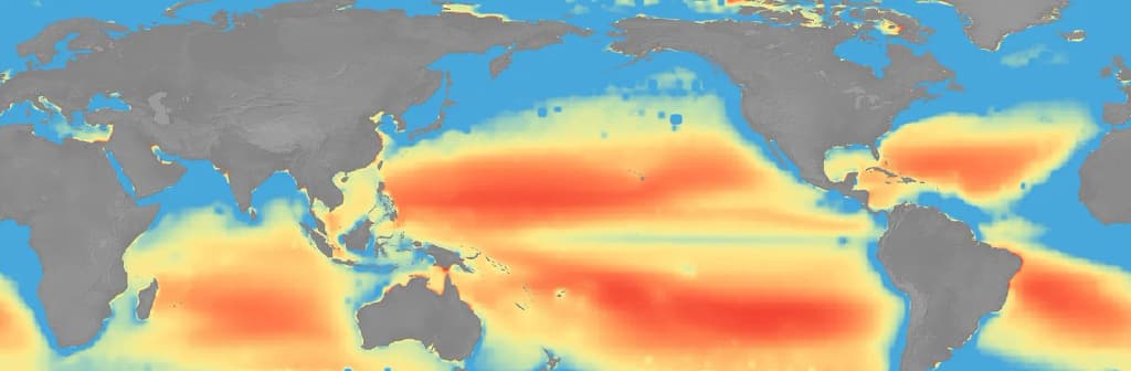 A data visualization on a global map showing ocean nutrient stress. Red and orange colors dominate the open waters of the subtropics, highlighting areas where m