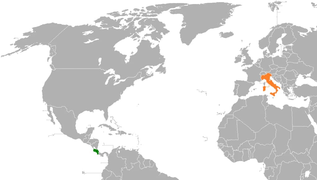 Locator map of Costa Rica and Italy, mainly used for articles regarding bilateral relations between both countries