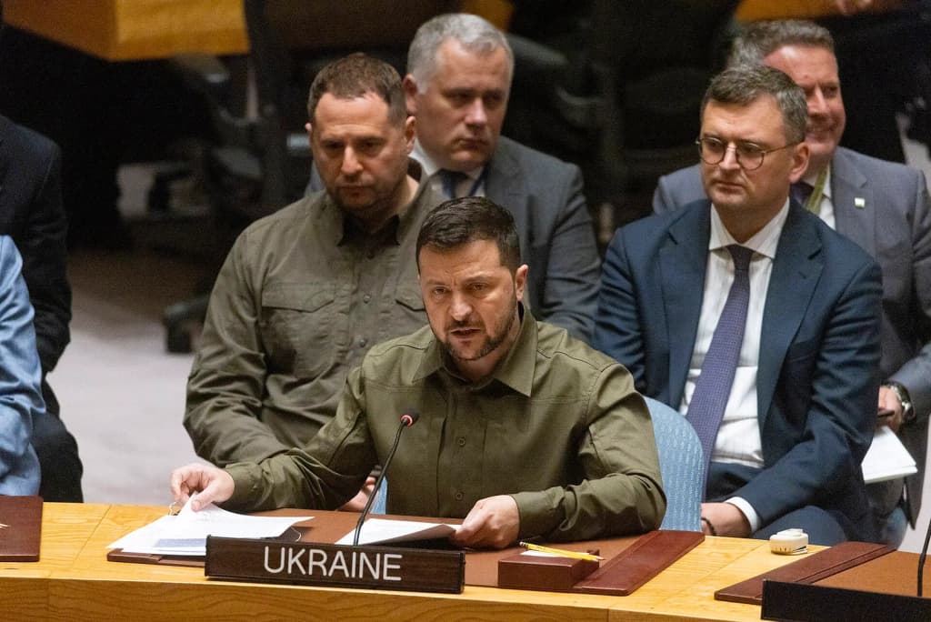 Ukrainian President Volodymyr Zelenskyy speaks at the UN Security Council Ukraine Open Debate at the United Nations General Assembly (UNGA) in New York. Picture by Kirsty O'Connor/Cabinet Office.