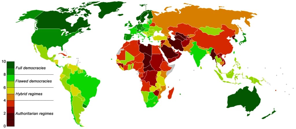 A map of the world showing the results of The Economist's Democracy Index survey for 2010. Each country's democracy is rated on a scale of 0 to 10, with 10 bein