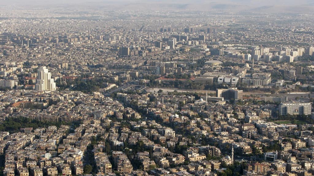 Damascus was built in a strategic site on a plateau 680 m above sea level and about 80 km inland from the Mediterranean. Damascus, Syria.