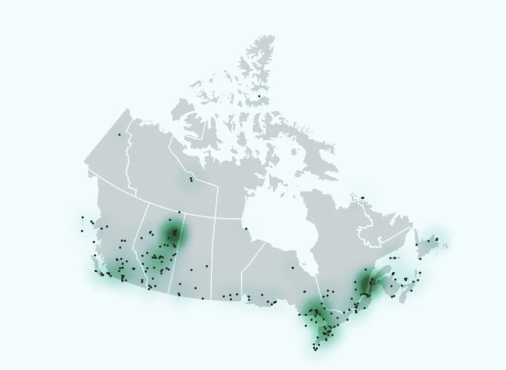 Ecological restoration research in Canada - map of study locations