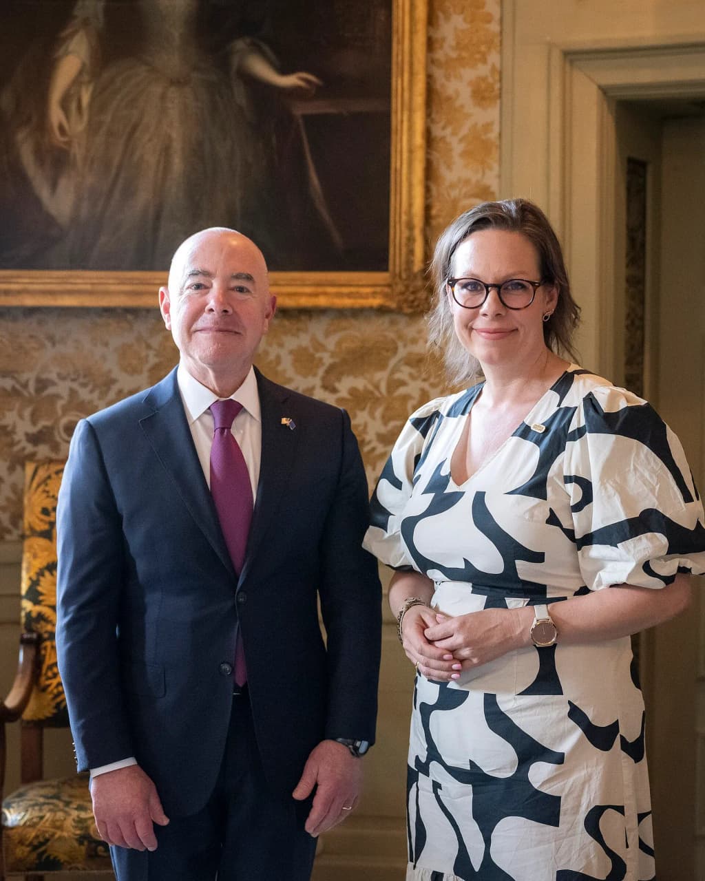 Stockholm, Sweden (June 20, 2023) Homeland Security Secretary Alejandro Mayorkas participates in a bilateral meeting with the Swedish Minister of Migration, Mar