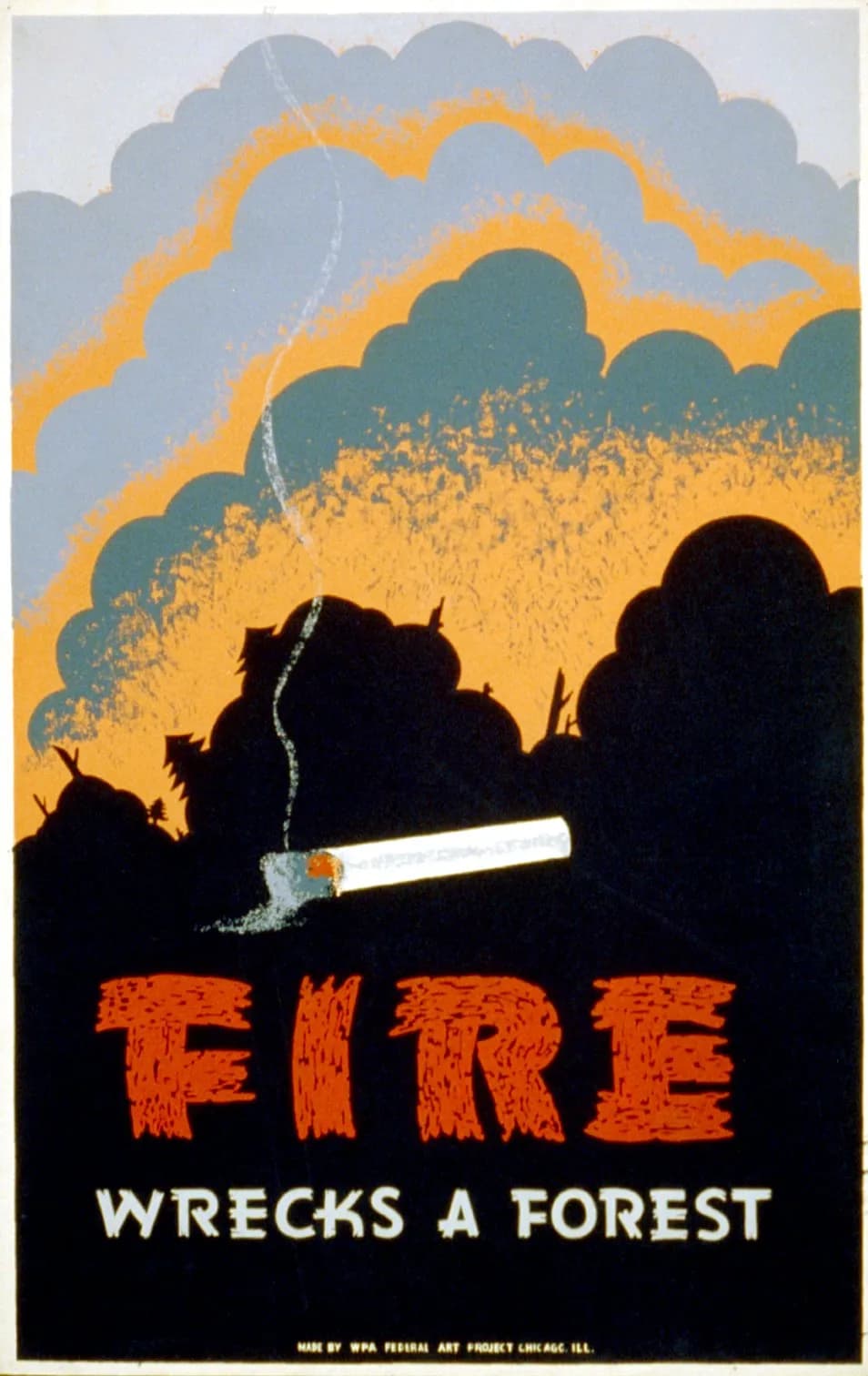 Poster for forest fire prevention showing a burning cigarette and a forest fire.