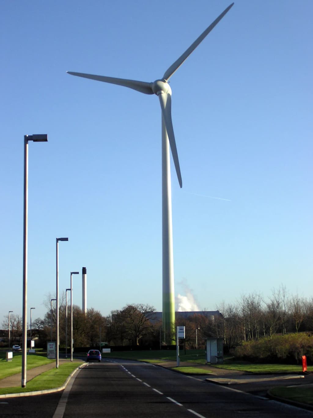 A wind generator at Junction 11 of the M4 motorway, at Greenpark industrial estate, near Reading, Berkshire, England. Construction finished in November 2005. Th