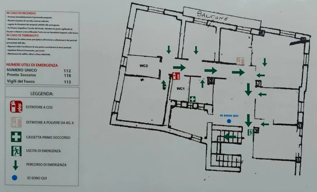 This safety plan of a small Italian business provides information regarding emergency instructions (earthquake and fire), emergency phone numbers, escape routes and locations of first aid box and fire exstinguishers.