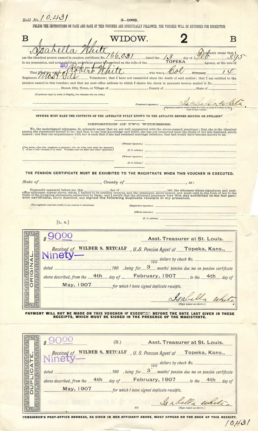 Allows Isabella White to receive a pension for her late husband Robert White. Title: Voucher for pension for Isabella White, February 13, 1895
