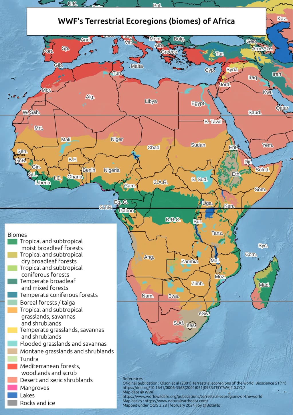Terrestrial ecoregions (biomes) of Africa made based on : Olson et al (2001) Terrestrial ecoregions of the world. Bioscience 51(11) https://doi.org/10.1641/0006