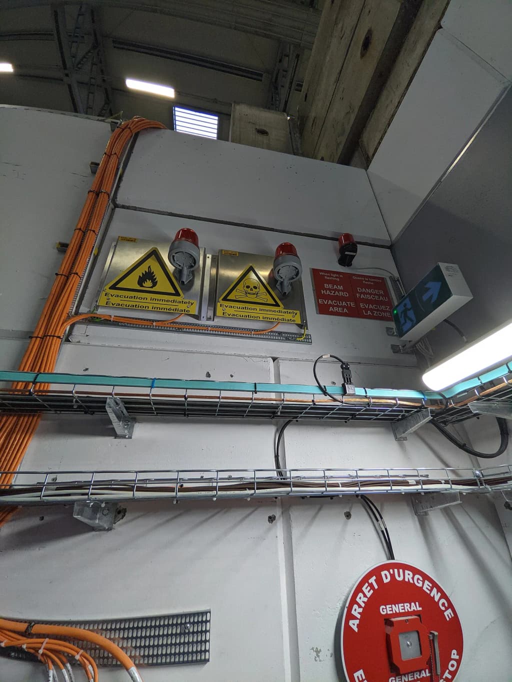 Alarm signs and lights for a fire, chemical and a beam hazard in the CLOUD experiment in CERN, next to the chamber
