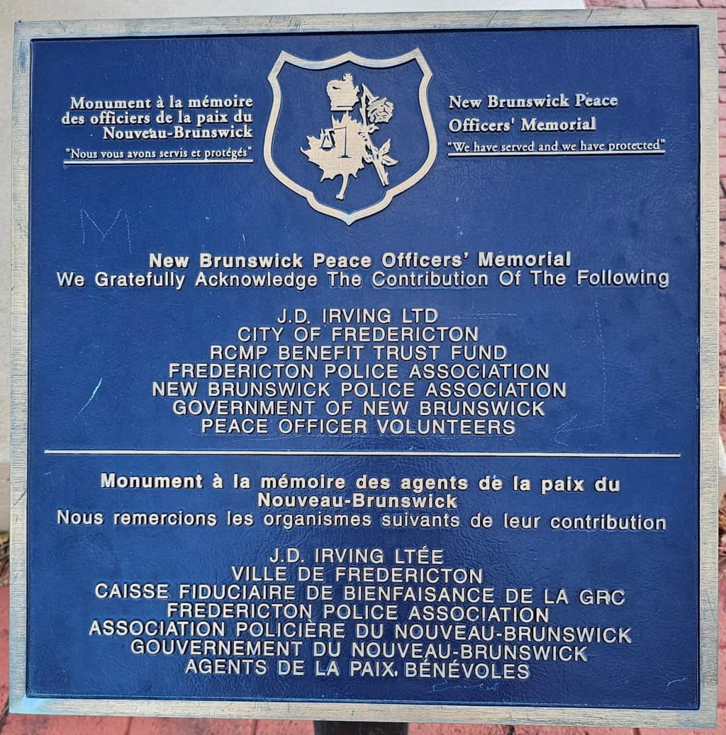 Marker for the New Brunswick Peace Officers' Memorial in Fredericton, New Brunswick, Canada