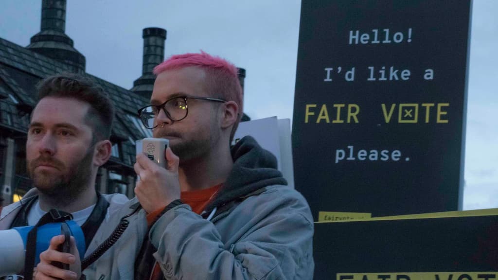 A protest following the Cambridge Analytics and Facebook data scandal with Christopher Wylie and Shahmir Sanni.