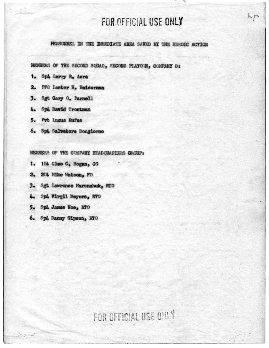 Scope and content: This list identifies the individuals whose lives were saved by the actions of Staff Sergeant Clifford C. Sims, who distinguished himself on 2