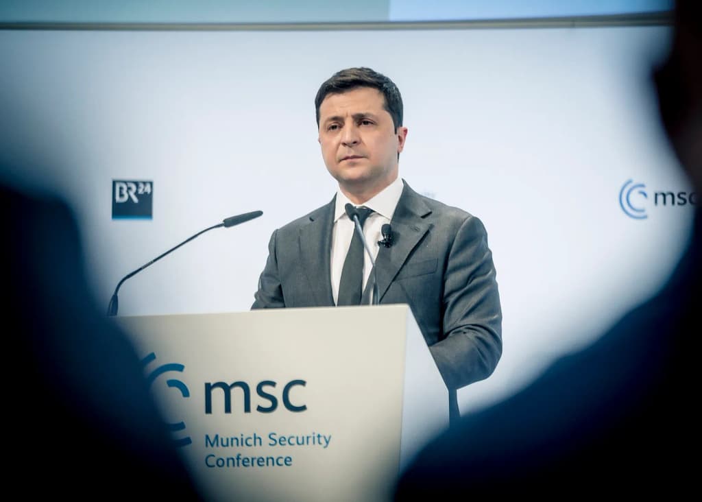 Volodymyr Zelensky giving his speech to the MSC 2022 in the session "Europe's Permacrisis: Ukraine and European Security"