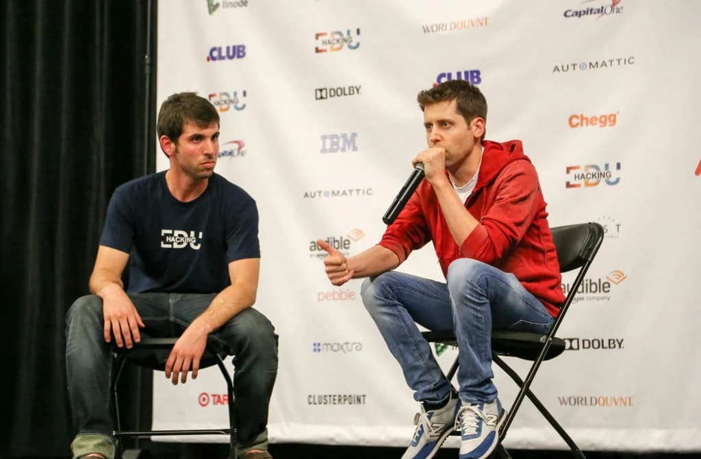 Opening Fireside Chat. Left: Alex Cory — Co-Founder HackingEDU Right: Sam Altman — President Y Combinator