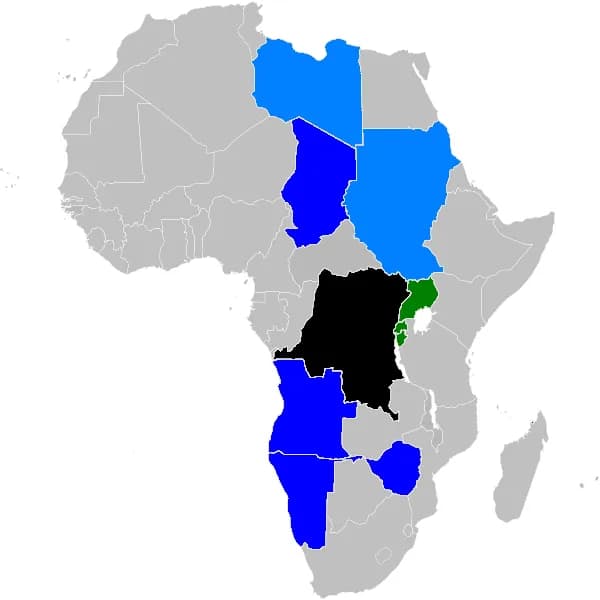 Belligerents of the Second Congo War. Black - Democratic Republic of the Congo Green - anti-DRC coalition Dark blue - pro-DRC coalition Light blue - DRC allies,