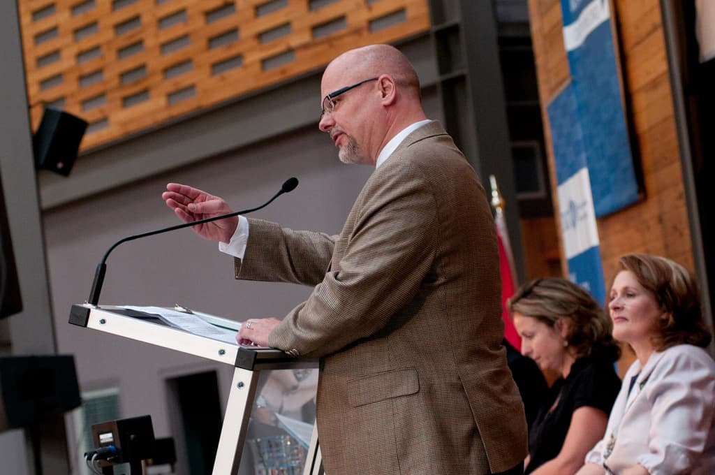 Fred Kuntz, vice president of Public Affairs at CIGI, welcomes the audience to Muzzled Media -- The Global Challenge. The annual media panel event was held at C