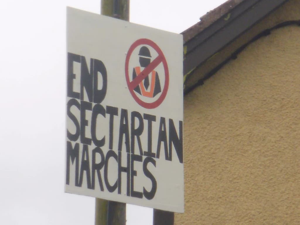 A sign showing oppostion to the Orange Order in Rasharkin,County Antrim,Northern Ireland.Rasharkin is an area where Orange Order marches are opposed.