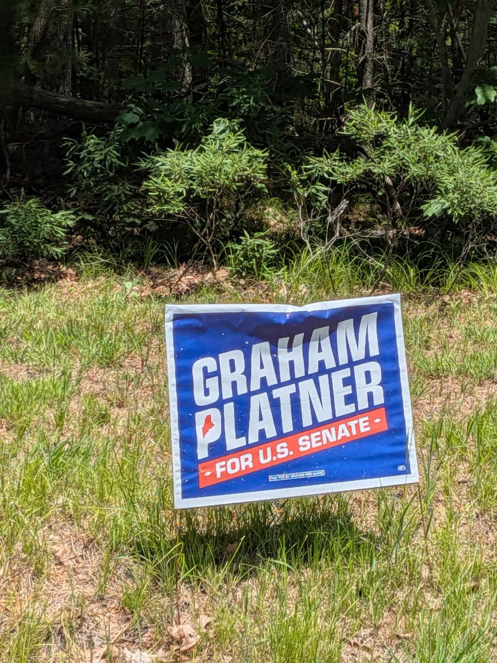 Graham Platner for U.S. Senate yard sign on U.S. Route 202 in Alfred, Maine USA.