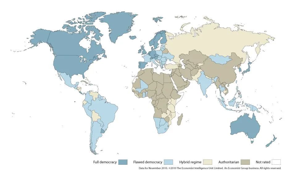 World map showing the Democracy Index by the Economist Intelligence Unit. This rates countries according to the level of democracy they have achieved.
