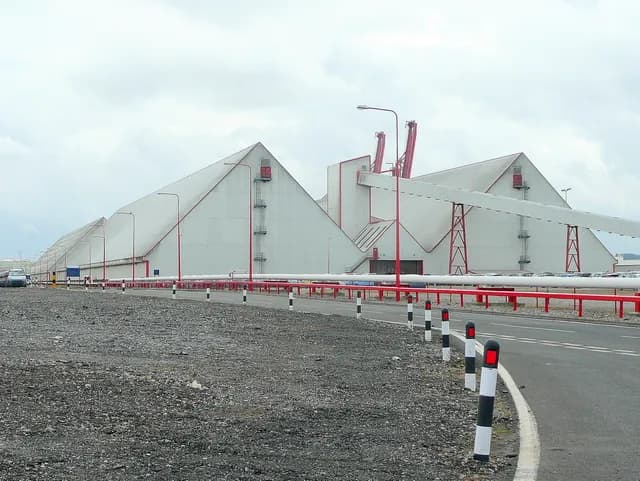 Grain storage buildings at Royal Portbury These huge apexed warehouses store incoming grain for use in the UK food industry. Viewed from the River Road to the n