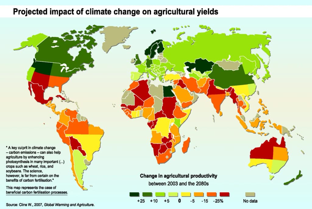 This map shows the projected impact of climate change in the 2080s on agricultural productivity across the world. Impacts are measured as a percentage change in