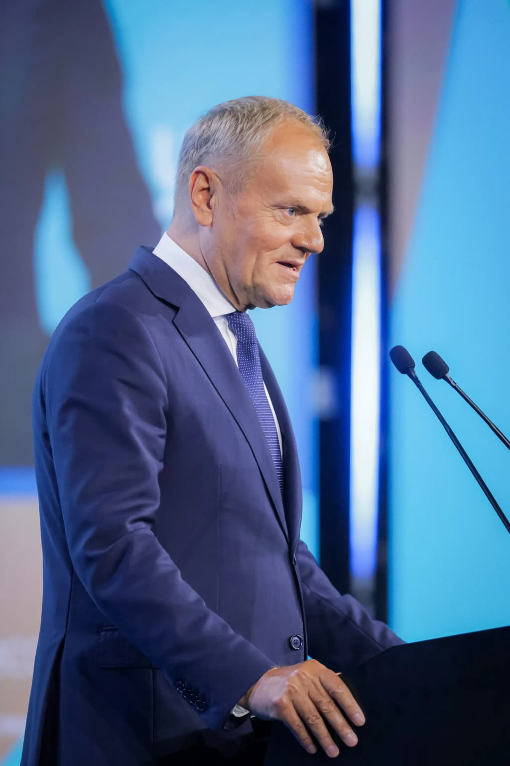 Donald Tusk speaking during the Ukraine Recovery Conference (URC 2026) in Gdańsk, Poland.