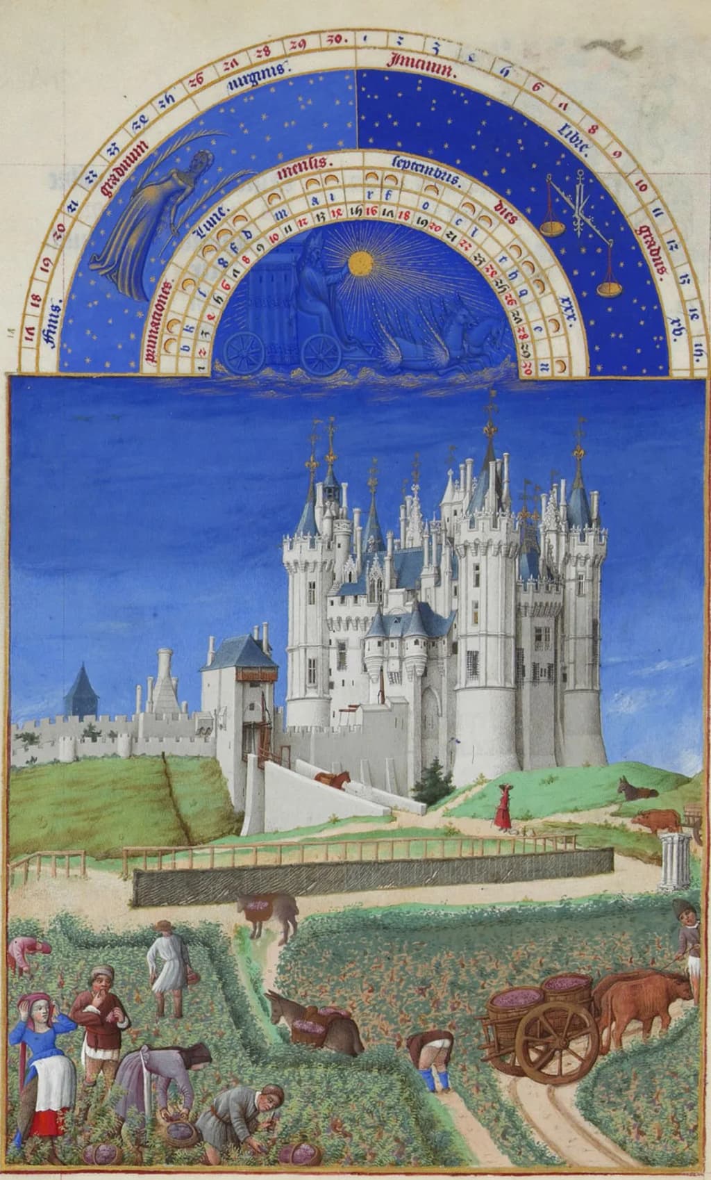 September is illustrated by the harvest. Five figures pick grapes while a man and a woman, apparently pregnant, rest. The bunches are placed in baskets which are then emptied into baskets attached to mules. These baskets are themselves poured into vats loaded into carts pulled by oxen. The second plan is entirely occupied by the Château de Saumur in Anjou, a region already producing wine at the time. The towers are topped with fleur-de-lys weathervanes. On its outskirts, a list is represented with its central bar and its trellis wall.