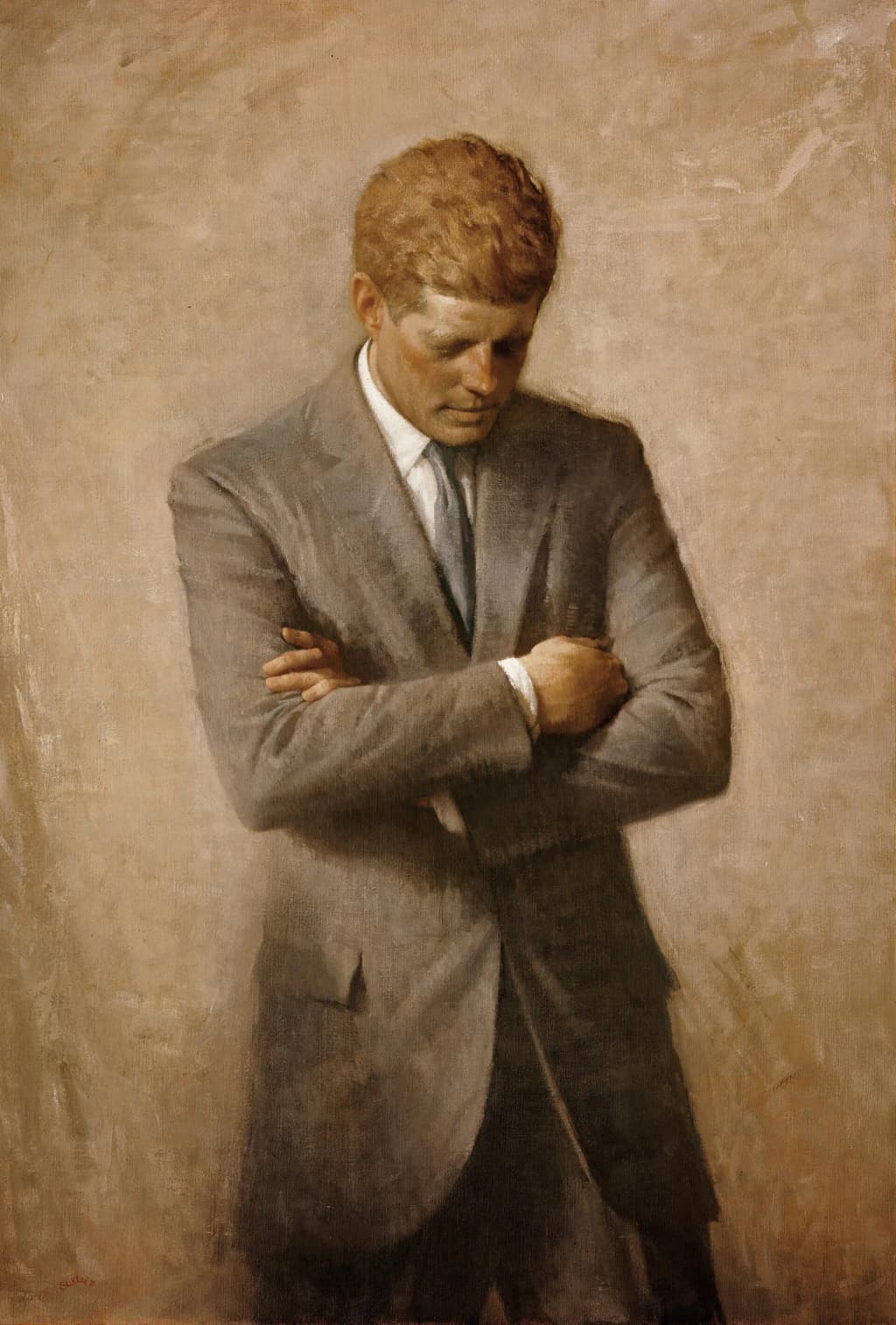 Posthumous official presidential portrait of U.S. President John F. Kennedy .