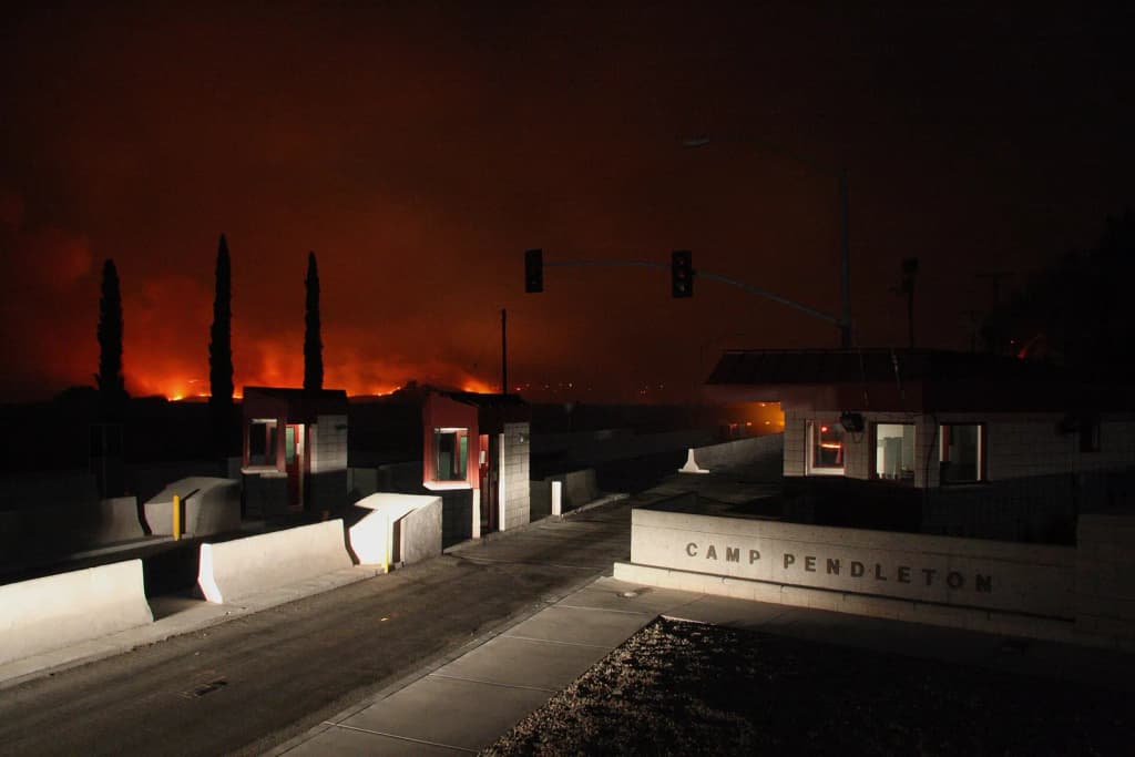CAMP PENDLETON, Calif. (Oct. 13, 2008) Wildfires threaten the San Luis Rey gate at Marine Corps Base Camp Pendleton, Calif. The fire consumed approximately 4,00