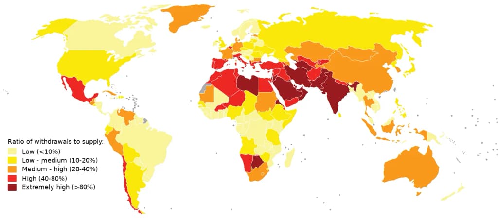 2019 water stress map. Compiled using aqueduct 3.0 data from World Resources Institute See table "National Water Stress Rankings" at https://www.wri.org/blog/20