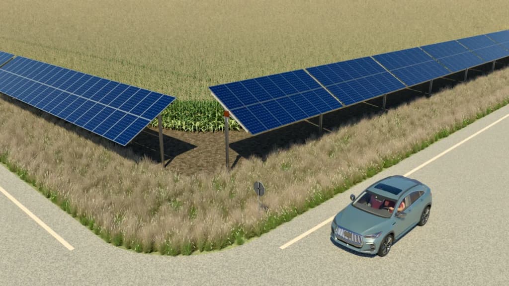 Agrivoltaics design with fixed south facing solar arrays on the left and horizontal axis solar arrays on the right, on the edge of a corn field. South facing so