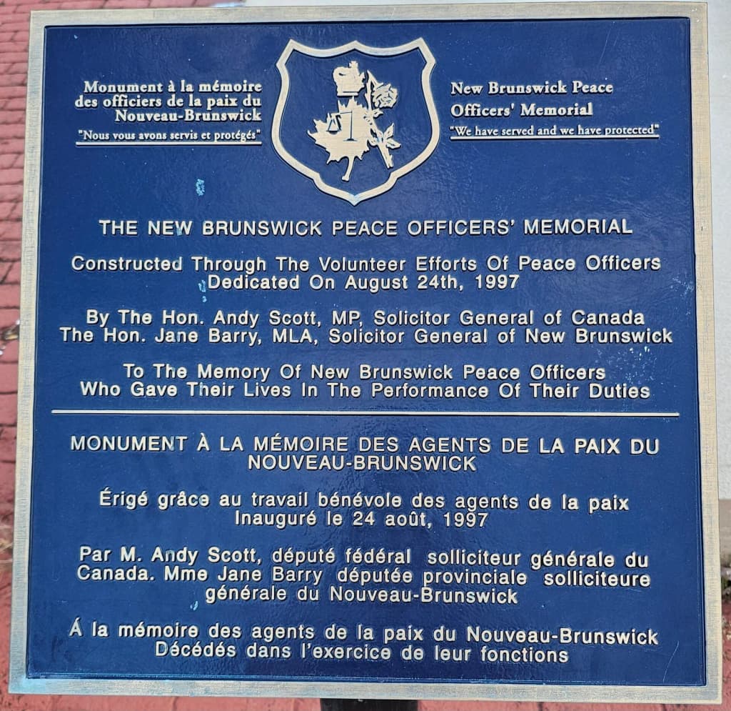 Marker for the New Brunswick Peace Officers' Memorial in Fredericton, New Brunswick, Canada