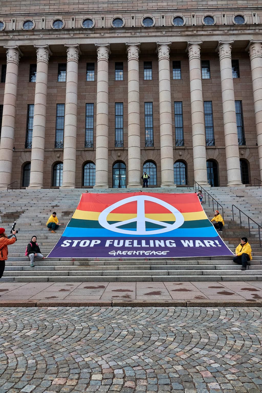 Stop Fueling War Demonstration at the Finnish Parliament House during the Ukraine's President Volodomyr Zelensky´s speech Finnish MPs 8.4.2022.