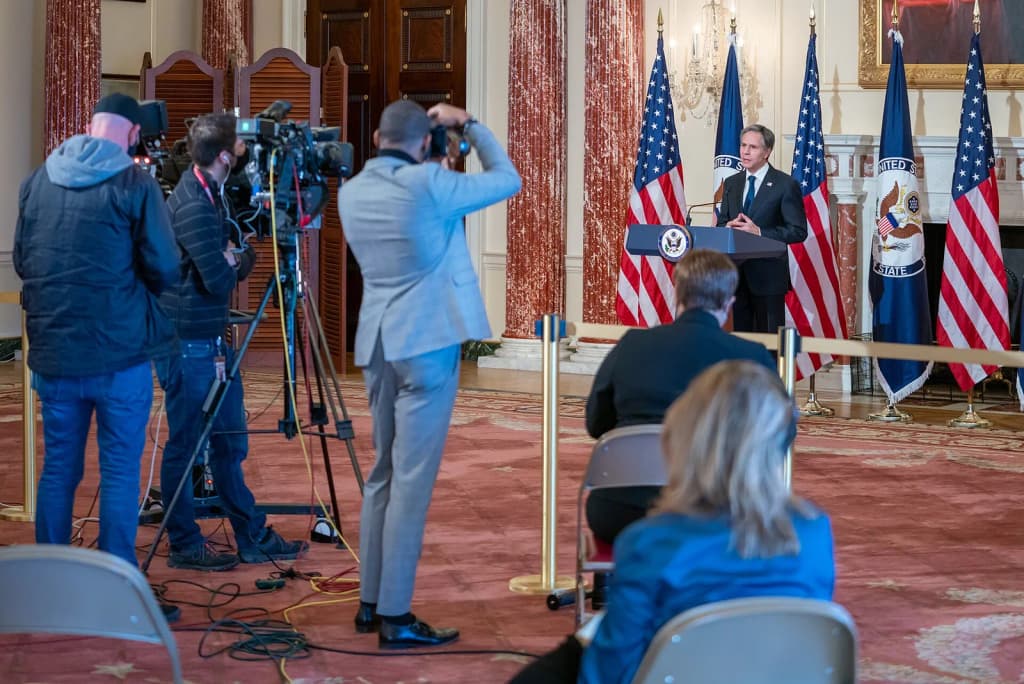 Secretary of State Antony J. Blinken delivers a speech on U.S. foreign policy at the U.S. Department of State in Washington, D.C., on March 3, 2021. [State Depa
