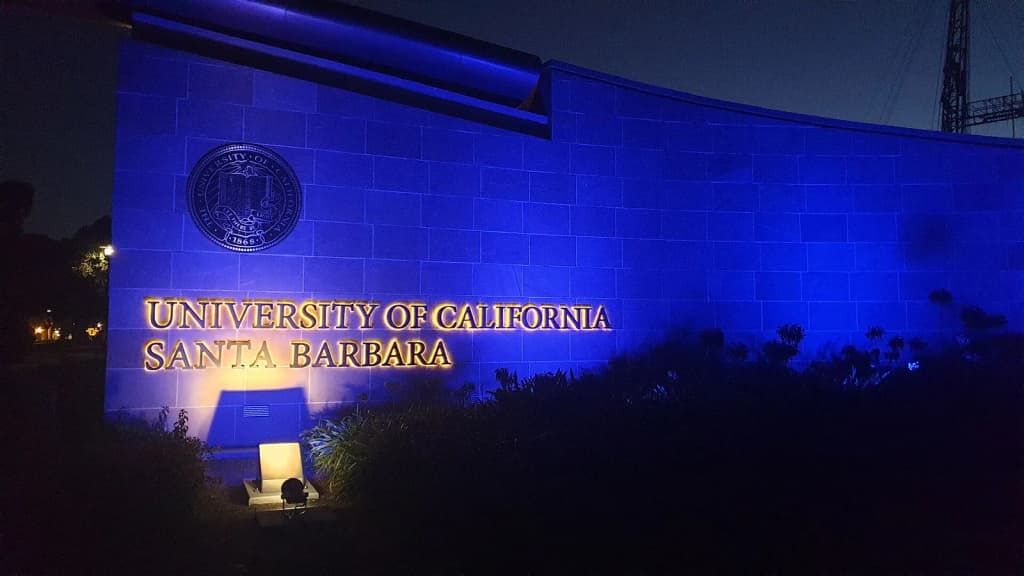 This is the entrance of the university of California, Santa Barbara. This photo is taken at night.