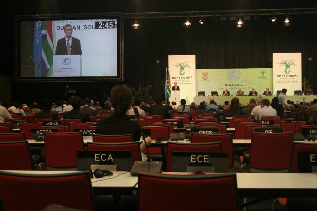 Jens Stoltenberg, at the time the Norwegian Prime Minister, adresses the 2011 United Nations Climate Change Conference (COP17) in Durban, South Africa.