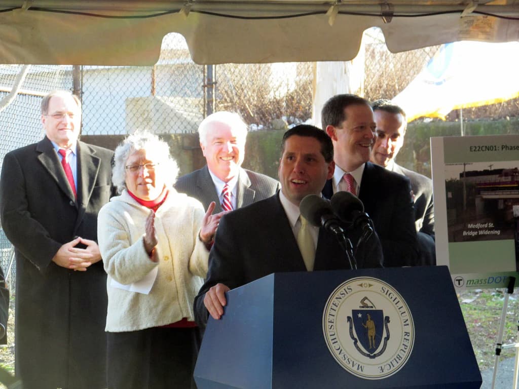 Massachusetts state senator Sal DiDomenico speaks at the Green Line Extension groundbreaking on December 11, 2012. From left to right: Representative Mike Capua