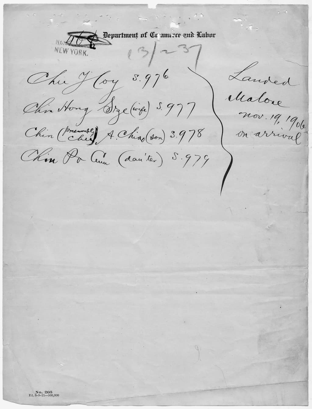 Scope and content: This document is filed with the Chinese Exclusion Act case file involving Chu Hoy and Family.