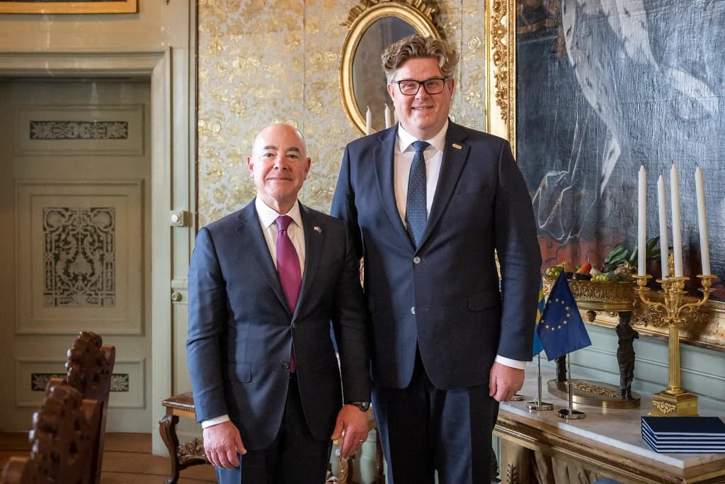 Stockholm, Sweden (June 20, 2023) Homeland Security Secretary Alejandro Mayorkas participates in a bilateral meeting with the Swedish Minister of Justice, Gunna
