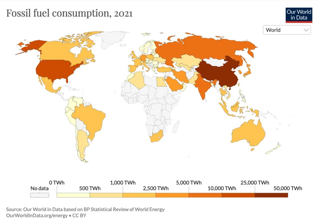 A map showing fossil fuel consumption at national level.