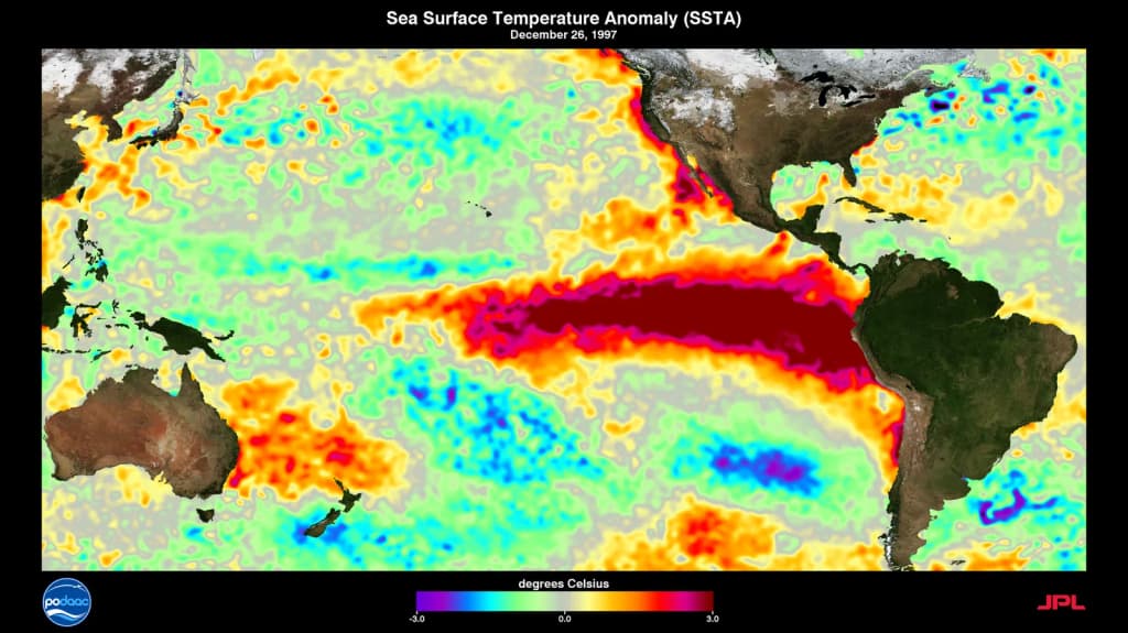 A visualization of sea surface temperatures during the 1997-1998 super el nino event