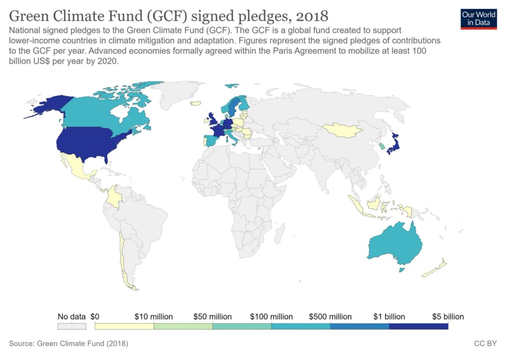 The map shows Indicator 13.A.1: The mobilized amount of United States dollars per year between 2020 and 2025 accountable towards the $100 billion commitment.