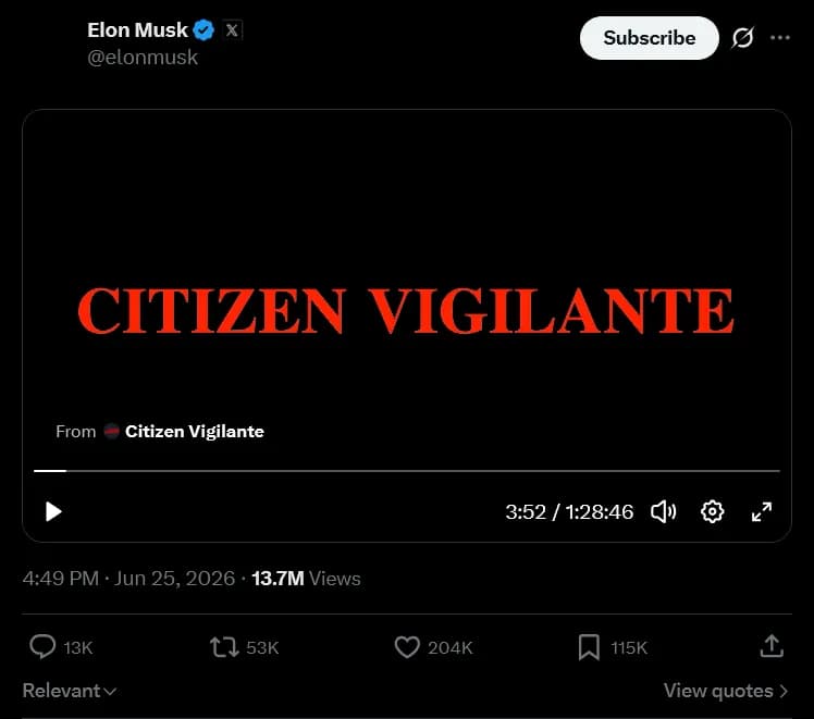 Elon Musk retweets streaming of the film Citizen Vigilante.