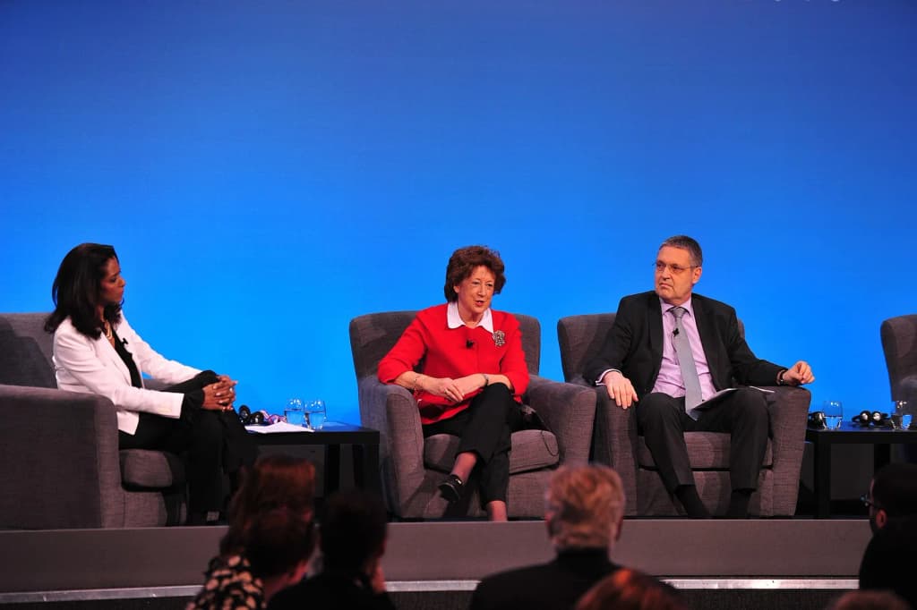 (L-R): Zeinab Badawi - Journalist and moderator, Baroness Joyce Anelay - UK Foreign Office Minister and Markus Ederer - German State Secretary. The conference h
