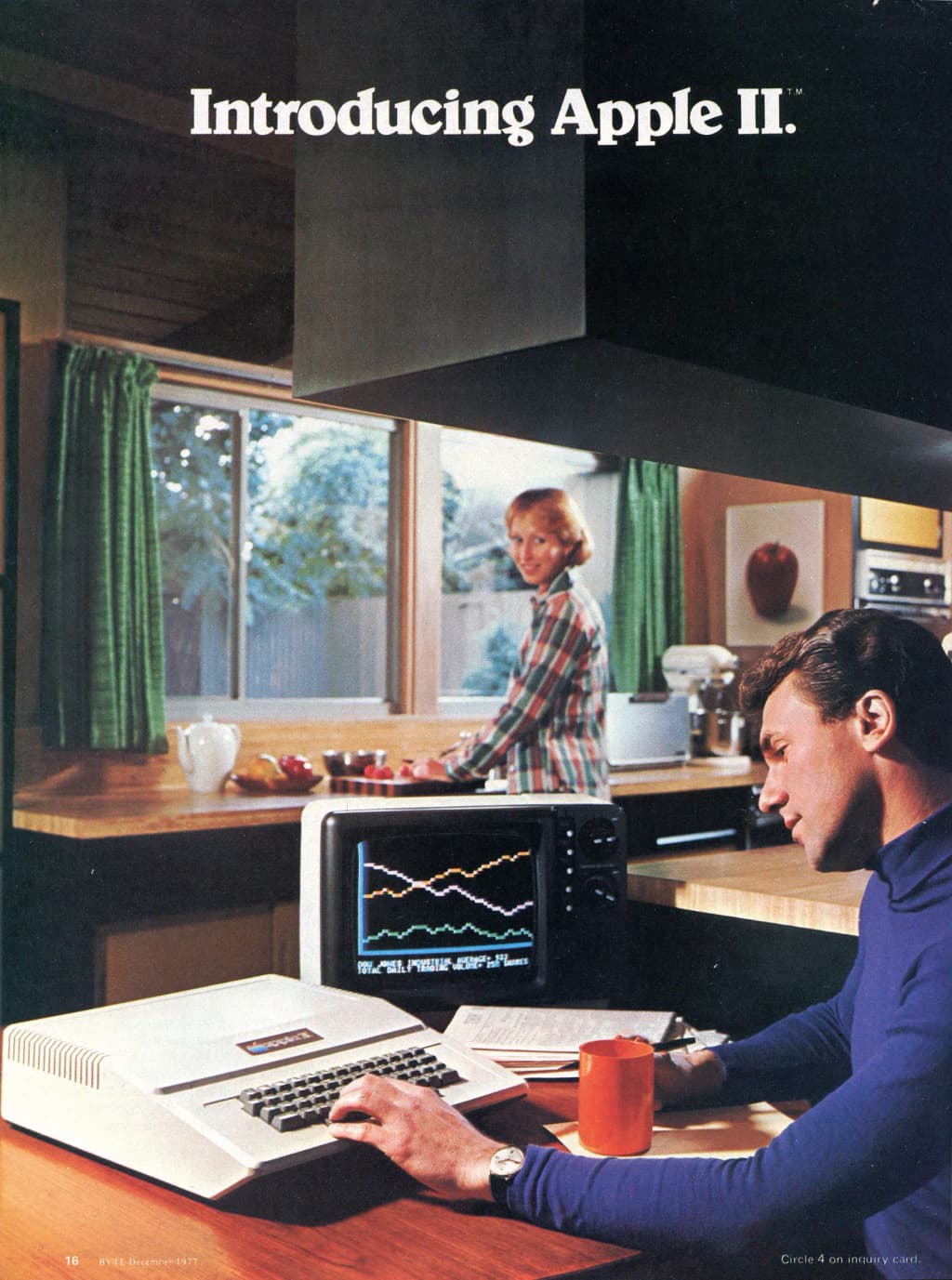 An Apple II advertisement from the December 1977 issue of Byte magazine, pages 16 and 17. The second page was described the features of the Apple II. The ad originally ran in May 1977 and was updated that December.