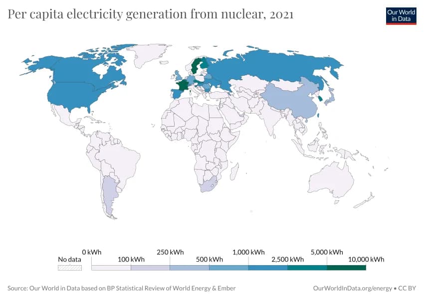 Per capita electricity generation from nuclear, 2021.