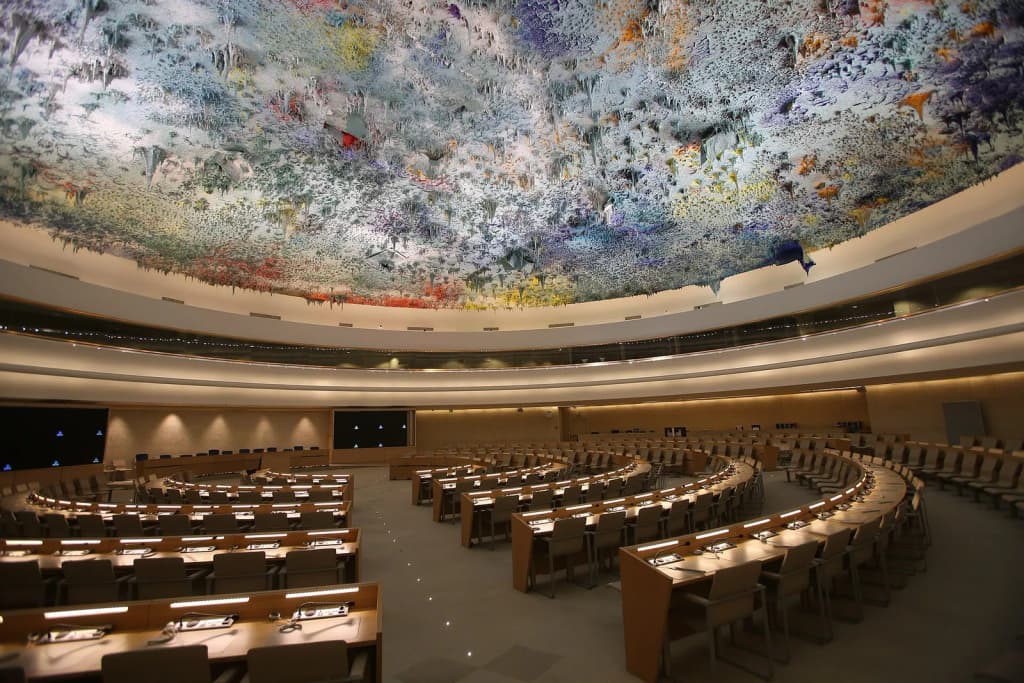 Human Rights and Alliance of Civilizations Room of the Palace of Nations , Geneva (Switzerland). It is the meeting room of the United Nations Human Rights Counc