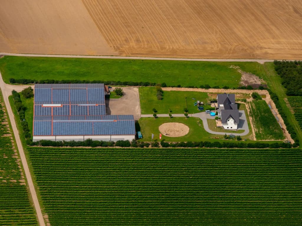 Barns covered with solar power cells near Nieder-Olm, Rhineland-Palatinate