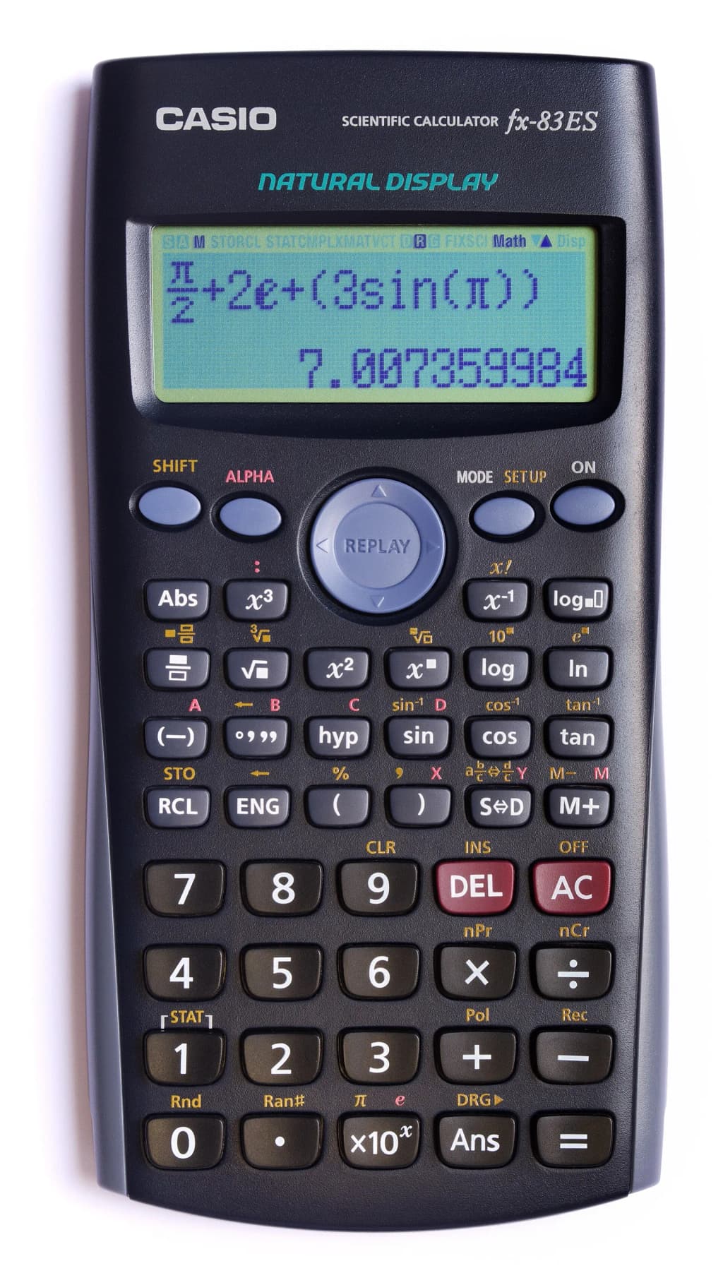 Casio fx-83ES calculator seen from front displaying calculation in "Natural Display" mode.